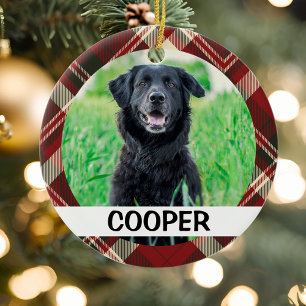 Tartan Plaid Personalised Dog Photo With Name  Ceramic Ornament