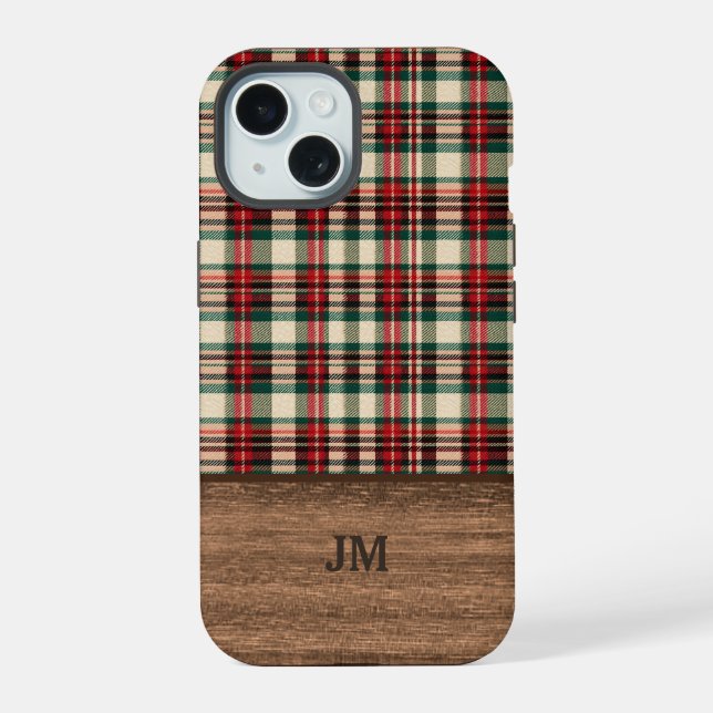 Tartan Plaid Phone Case with Wood Monogram (Back)