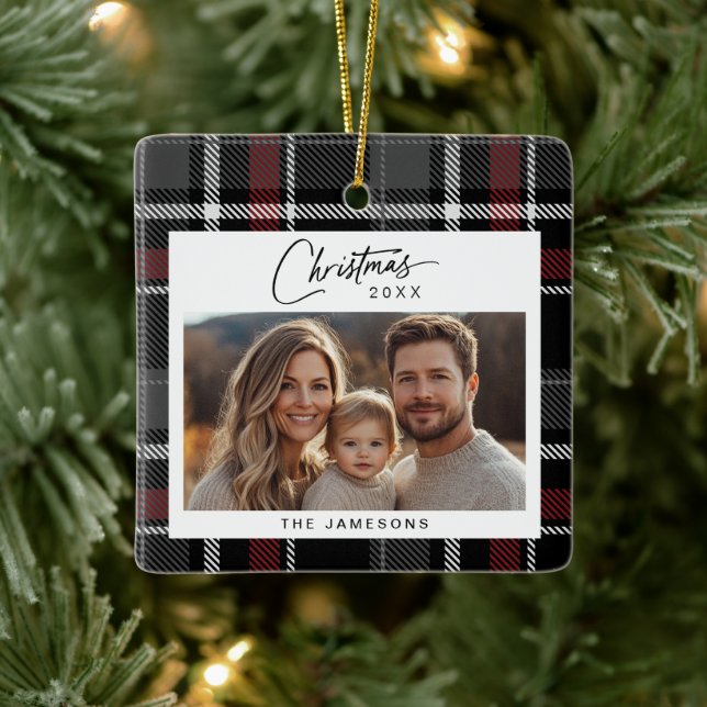 Tartan Plaid Photo Christmas Ceramic Ornament (Tree)