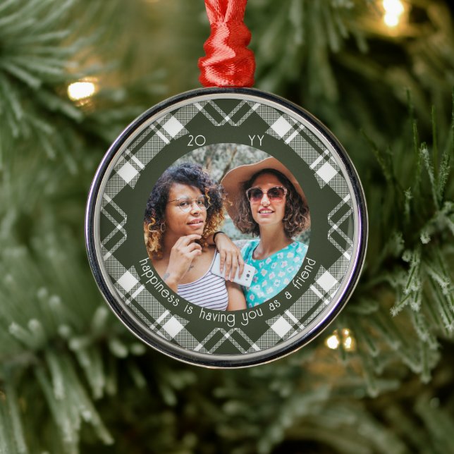 Tartan Plaid Photo Happiness is You as Friend Metal Ornament (Tree)