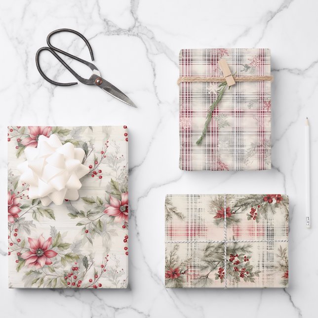 Tartan Plaid Poinsettia Berries Christmas | Wrapping Paper Sheet (Creator Uploaded)