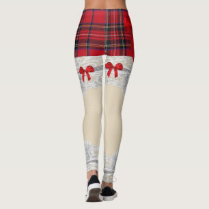 Tartan plaid red bow garter pattern leggings