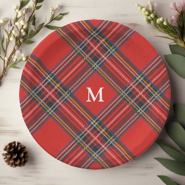 Tartan Plaid Red Christmas Monogram Paper Plate (Creator Uploaded)