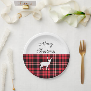Tartan Plaid Red Christmas White Deer Paper Plate