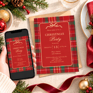 Tartan Plaid Red Green Bow Christmas Party Invitation