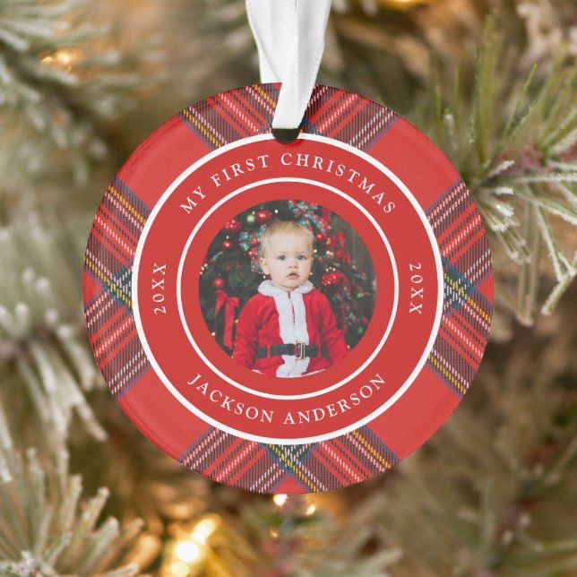 Tartan Plaid Red | My First Christmas Photo Ornament (Tree)