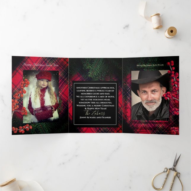 Tartan Plaid Red Personalised White Script Tri-Fold Holiday Card (Inside)