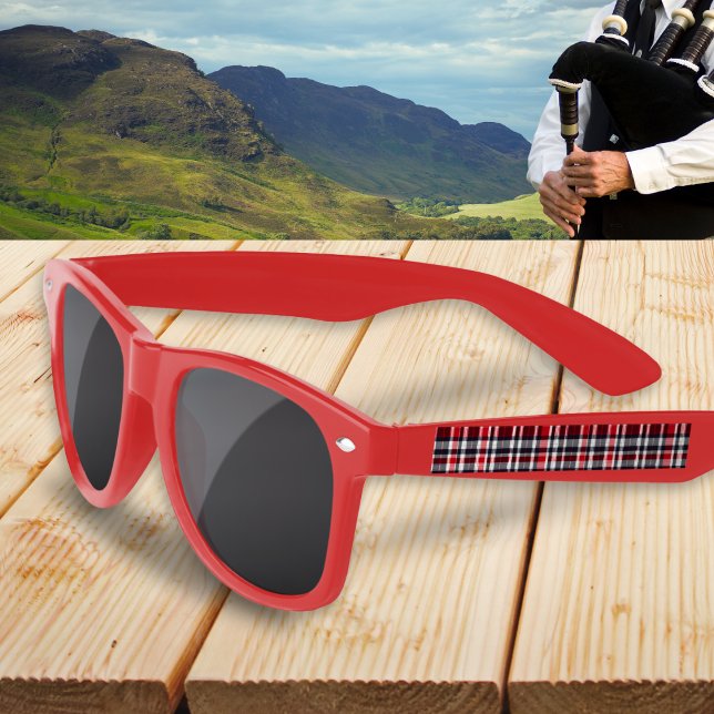 Tartan Plaid Red White Blue Patterned Sunglasses (A pair of sunglasses with a red, white and blue tartan pattern on the arms)