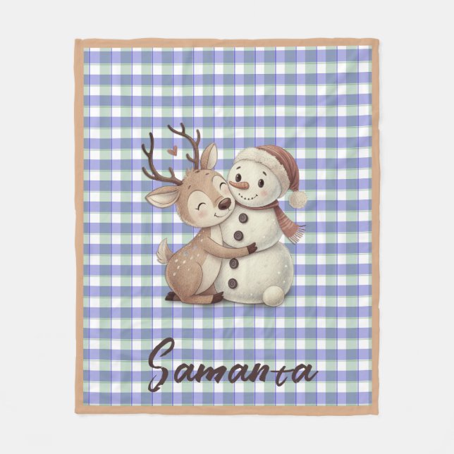 Tartan plaid reindeer snowman blue beige name fleece blanket (Front)