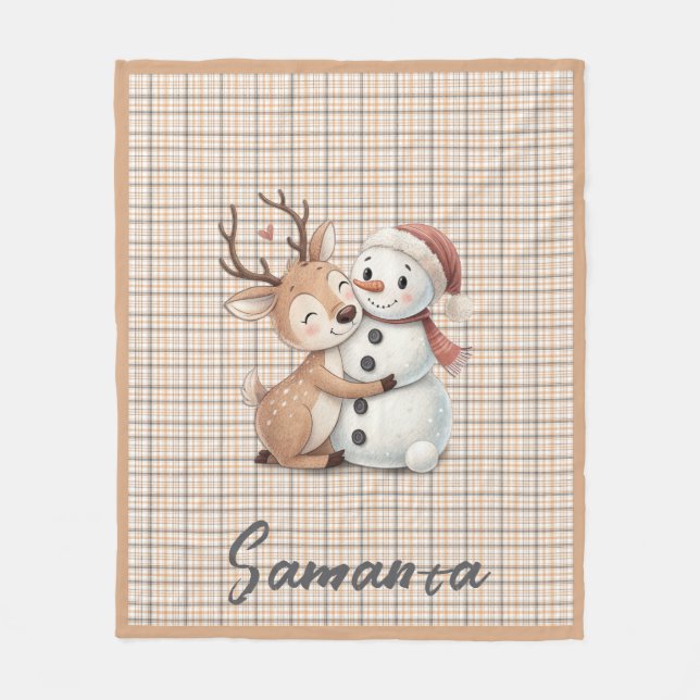 Tartan plaid reindeer snowman orange beige name fleece blanket (Front)