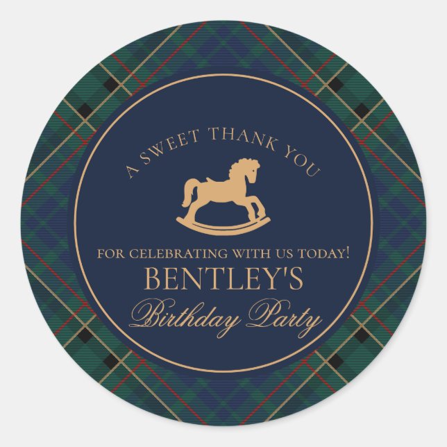 Tartan Plaid Rocking Horse Birthday Party Favor Classic Round Sticker (Front)