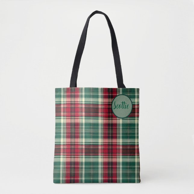 Tartan Plaid Tote Bag with Custom Name – (Front)