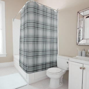 Tartan Plaid White & Black Grey Hint of Green Shower Curtain