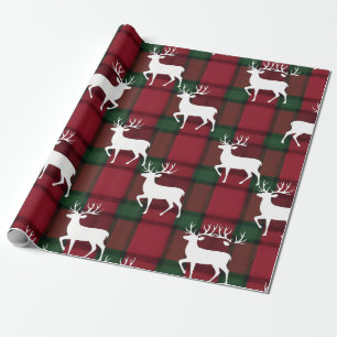 Tartan Plaid & White Reindeer Holiday Wrapping Paper