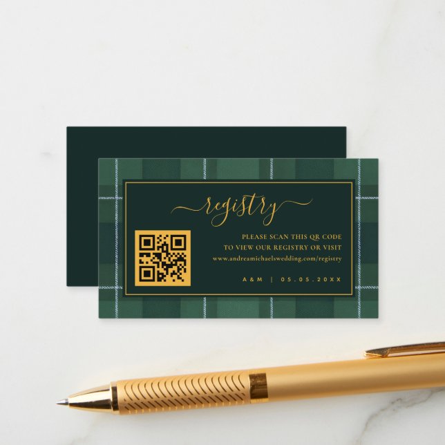 Tartan Polo Plaid Dark Green Qr Code Gift Registry Enclosure Card (Front/Back In Situ)