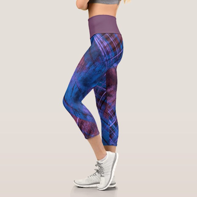  Tartan Purple Blue Burgundy Plaid Plum Waistband  Capri Leggings (Left)