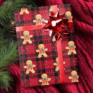 Tartan Red Black Gingerbread Snowfall Christmas Wrapping Paper