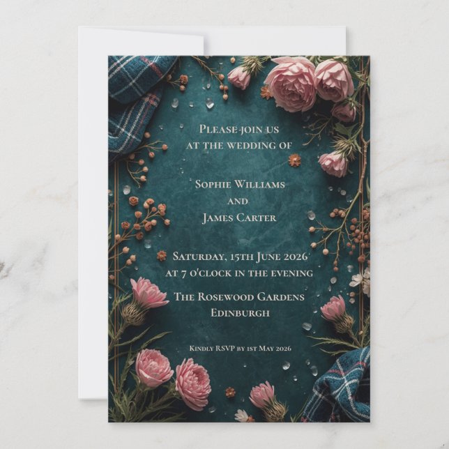 Tartan Rose Botanical Teal Wedding Invitation (Front)