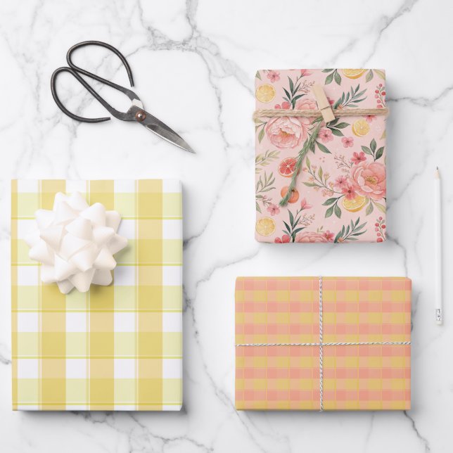 Tartan rose lemon yellow peach set wrapping paper (Front)
