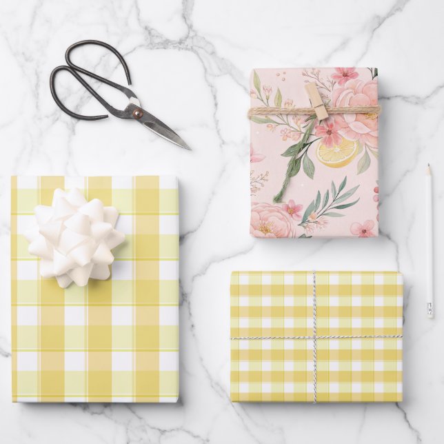 Tartan rose lemon yellow set wrapping paper (Front)