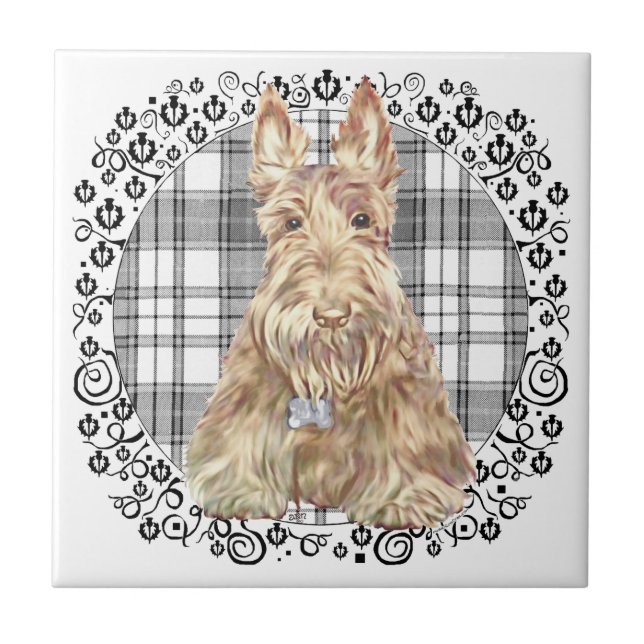 Tartan Scottie Black &  White Ceramic Tile (Front)