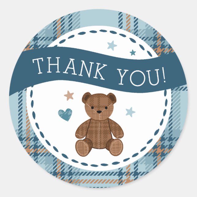 Tartan Teddy Bear, Baby Boy Shower LARGE STICKER (Front)