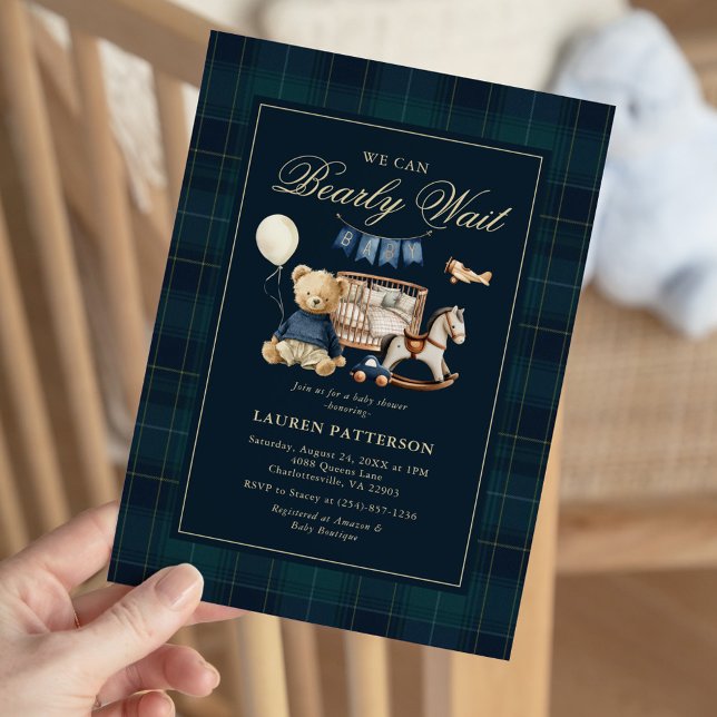 Tartan “We Can Bearly Wait” Bear Baby Shower Invitation (Creator Uploaded)