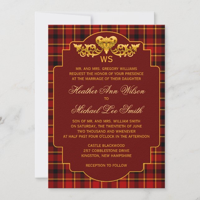 Tartan Wedding Red Black Gold Plaid Pattern Colour Invitation (Front)