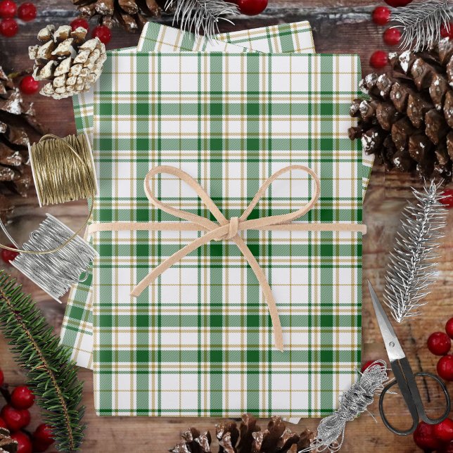 Tartan - White-Green-Caramel Gold Wrapping Paper Sheet (Tartan - White-Green-Caramel Gold Wrapping Paper Sheets by Leapfroglisics Shop)