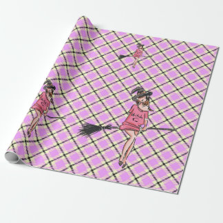 Tartan & witch girl, pastel scottish plaid pattern wrapping paper
