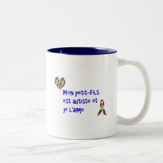Tasse Mon petit-fils est autiste et je l'aime Two-Tone Coffee Mug (Right)