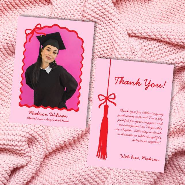 Tassel & Bow Pink & Red Grad Photo 2025 Graduation Thank You Card (Tassel & Bow Pink & Red Grad Photo 2025 Graduation Thank You Card)