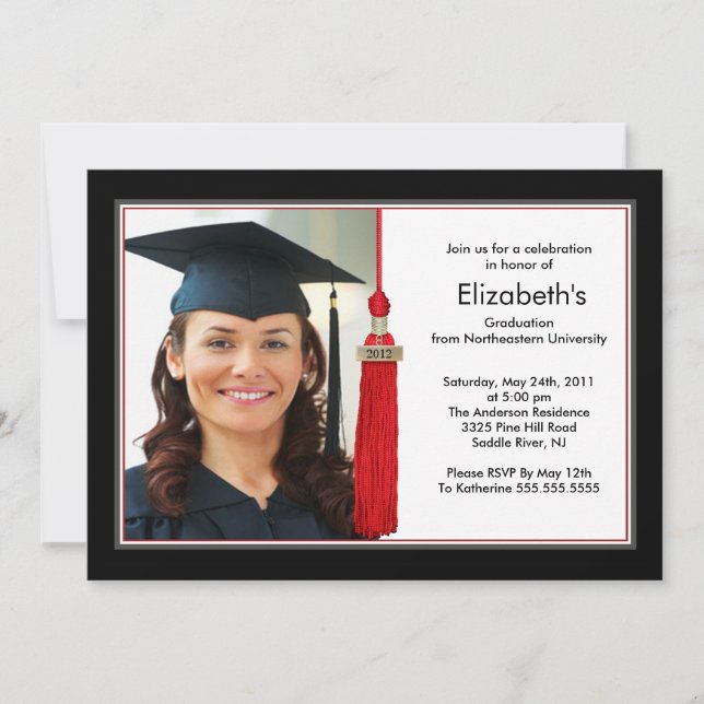 Tassel Photo Graduation Invitation Black & Red (Front)