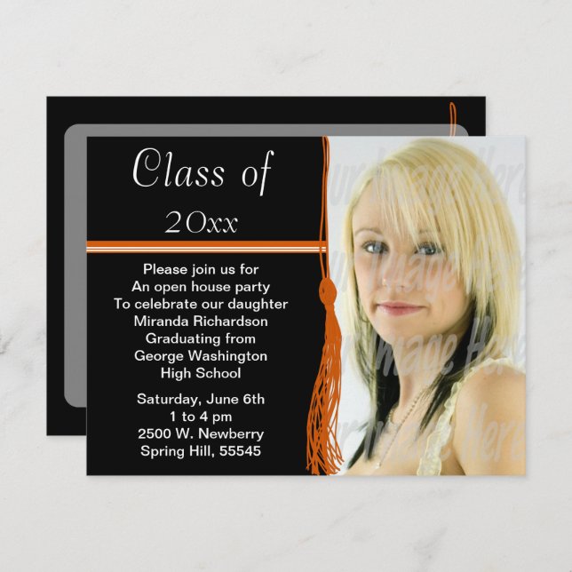 Tassel Photo Graduation Party Orange and Black Invitation (Front/Back)
