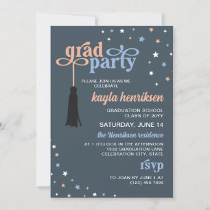 Tassel & Stars Steel Retro Script Grad Party Invitation