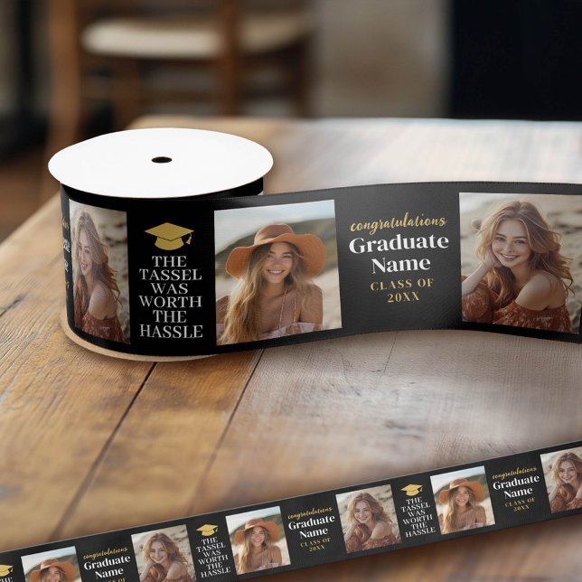 Tassel Was Worth Hassle Modern Graduation 2 Photo Satin Ribbon (Custom Graduation Ribbon)