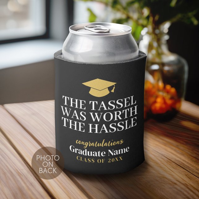 Tassel Was Worth Hassle - Modern Graduation Photo Can Cooler (Custom Can Cooler)