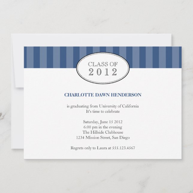 Tasteful blue stripe graduation class invitation (Front)