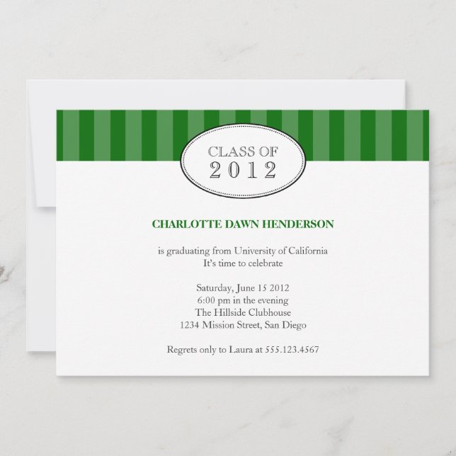 Tasteful green stripe graduation class invitation (Front)