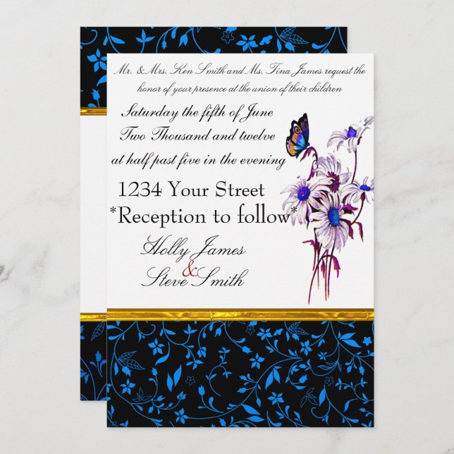 Tastefull Blue Daisies And Bufferfly Invitation (Front/Back)