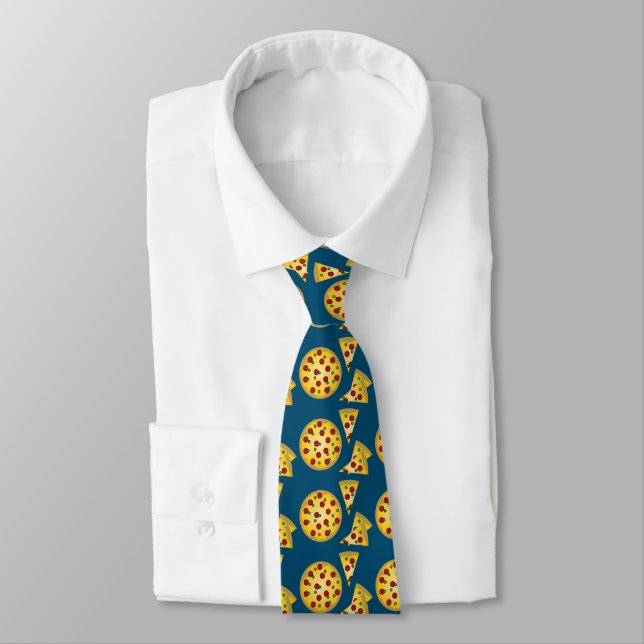 Tasty italian pizza pattern on teal blue tie (Tied)