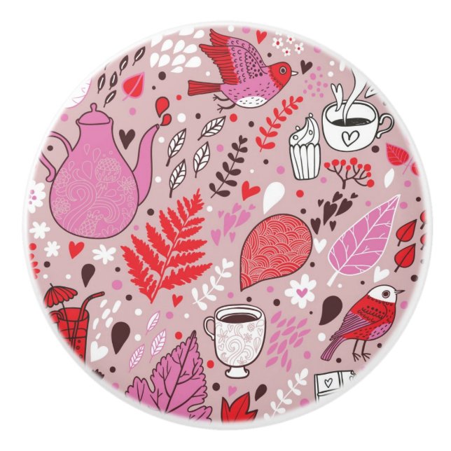 Tasty pattern with birds and flowers ceramic knob (Front)