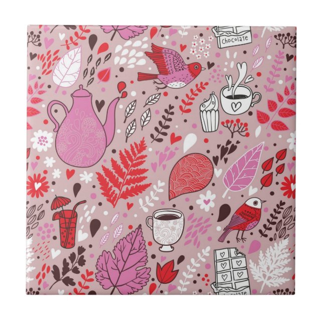 Tasty pattern with birds and flowers ceramic tile (Front)