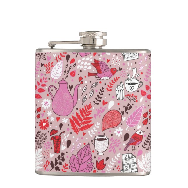 Tasty pattern with birds and flowers hip flask (Front)