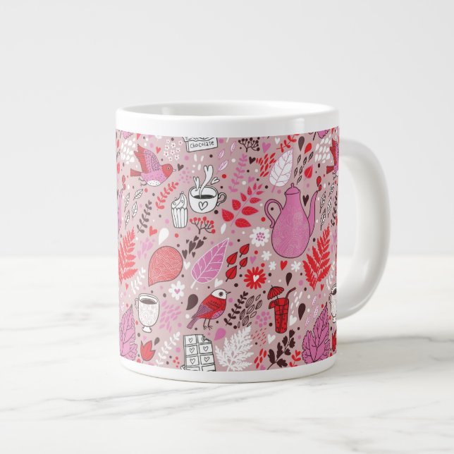 Tasty pattern with birds and flowers large coffee mug (Front Right)