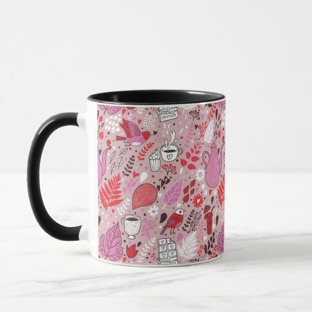 Tasty pattern with birds and flowers mug (Left)