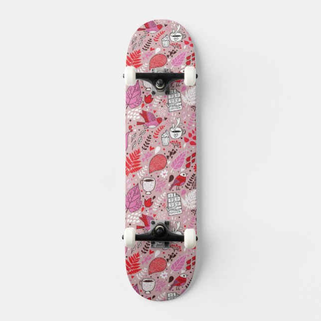 Tasty pattern with birds and flowers skateboard (Front)