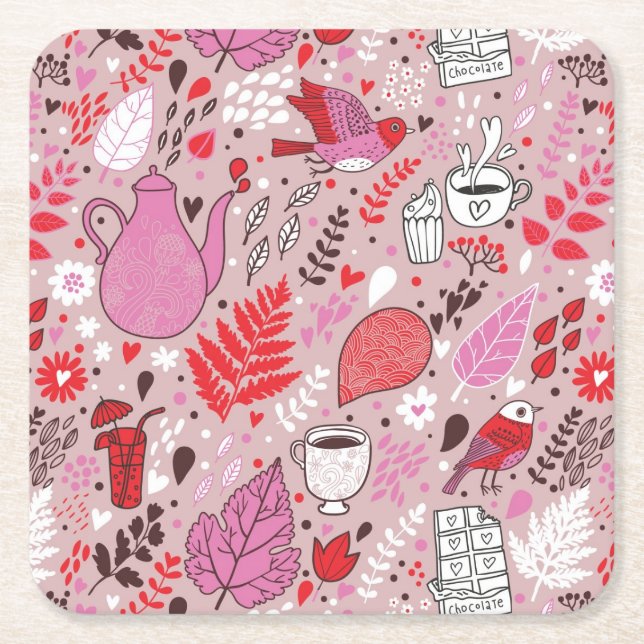 Tasty pattern with birds and flowers square paper coaster (Front)