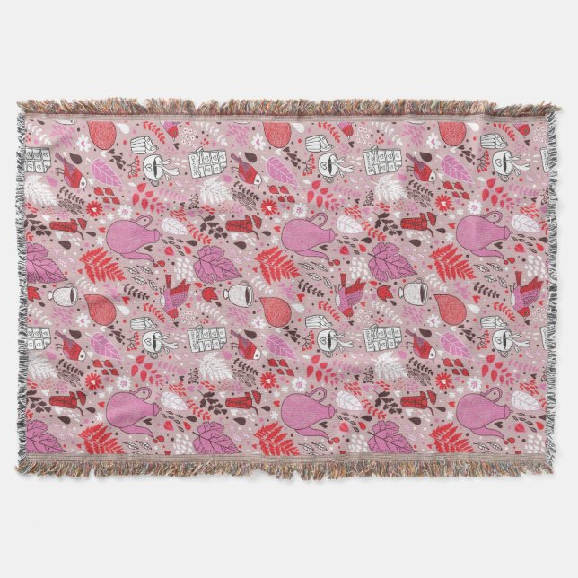 Tasty pattern with birds and flowers throw blanket (Front)