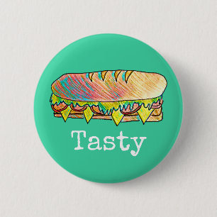 Tasty sub sandwich cute food art 6 cm round badge
